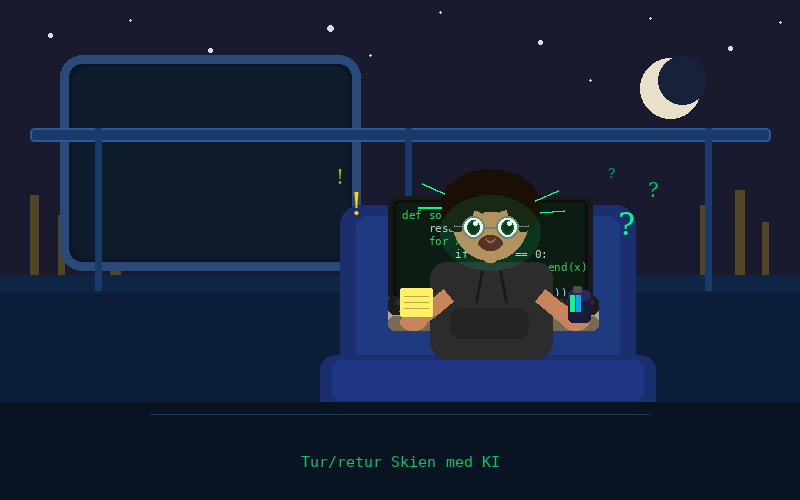 Tur/retur Skien med KI — illustrasjon av koding på tog om natten